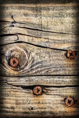 Eski kırık çürük ahşap döşemeler Vignette doku gömülü Rusty vida ile yıpranmış
