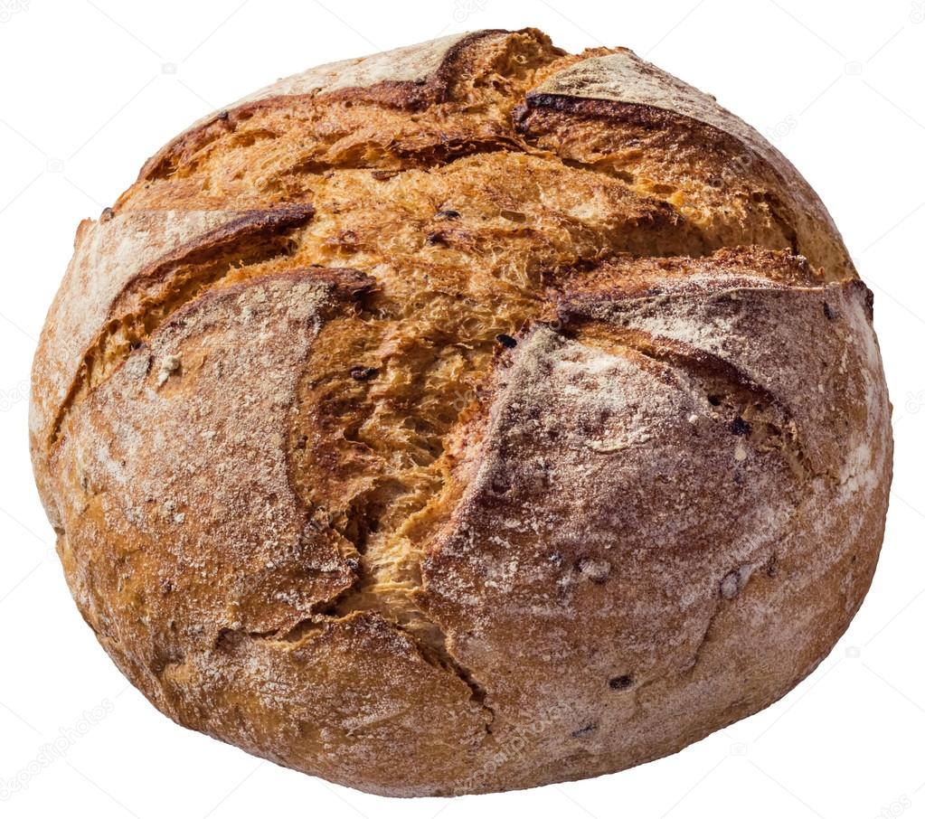 Monastery Bread Loaf with Cracked Coarse Rustic Crust Isolated on White Background