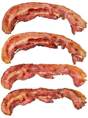 Beyaz arka plan üzerinde izole kızarmış domuz pastırma Rashers