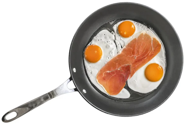 Fried Eggs with Smoked Pork Ham Rasher in Teflon Frying Pan Isolated on White Background — Stock Photo, Image