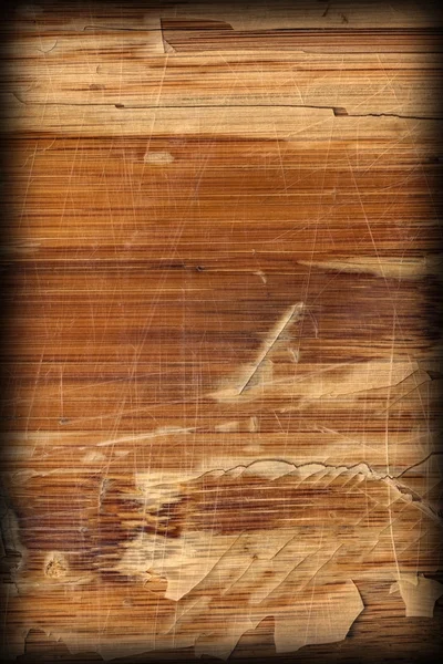 Old Varnished Block-board Cracked Scratched Peeled Off Vignette Grunge Texture — Stock Photo, Image