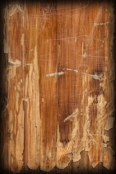 Old Varnished Block-board Cracked Scratched Peeled Off Vignette Grunge Texture — Stock Photo, Image
