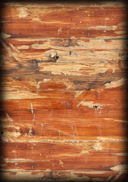 Old Varnished Wooden Panel Cracked Scratched Peeled Vignette Grunge Texture — Stock Photo, Image