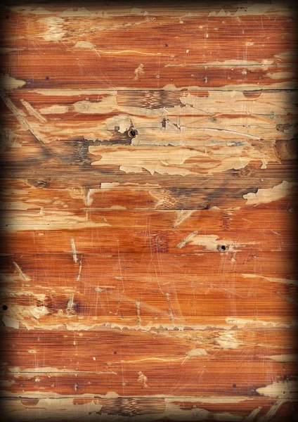 Velho painel de madeira envernizado raspado descascado vinheta grunge textura — Fotografia de Stock