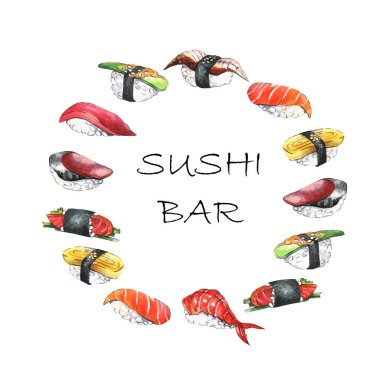 Suluboya beyaz arka planda suşi hazırladı. El çizimi Resim 