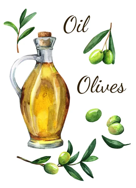 水彩で描いたオリーブの枝とオリーブオイルのボトル 白地のイラスト — ストック写真