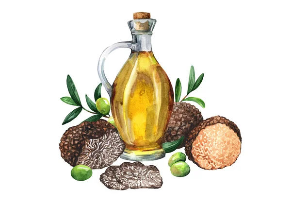 Sunflower Oil Decanter Truffle Branch Olives Watercolor Illustration Isolated White — Stock Photo, Image