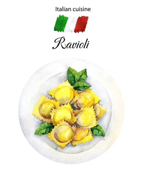 Ravioli Akvarell Illustration Isolerad Vit Bakgrund Italiensk Mat — Stockfoto