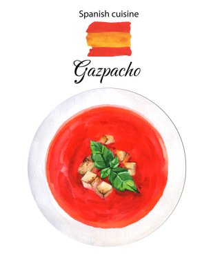 Soğuk gazpacho çorbası. Suluboya el çizimi. Kitap illüstrasyonu, tarif, menü, dergi. 