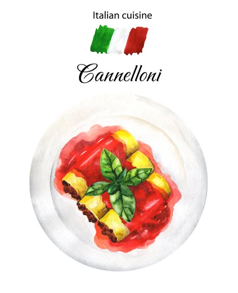 Cannelloni Στο Πιάτο Ακουαρέλα Εικονογράφηση Ιταλική Κουζίνα — Φωτογραφία Αρχείου
