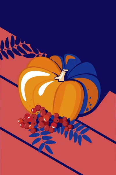 テーブルの上にカボチャとローワンのベクトルイラスト バナー ポスター 写真に適した秋の静物画 — ストックベクタ