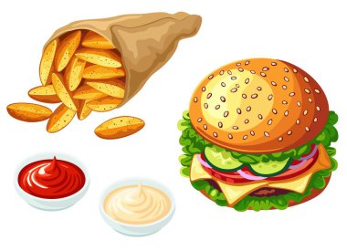 Kağıt külahta patates kızartması, hamburger ve soslar izole edilmiş beyaz arka planda. Fast food. 10 saniye içinde vektör illüstrasyonu. Menü, restoran, tarif ve yemek kitabı için elverişli