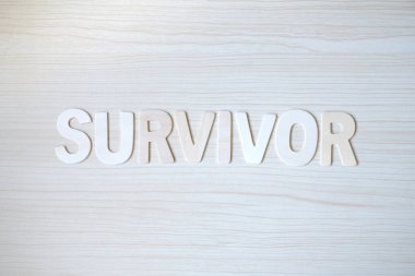 SURVIVOR kelimesi, ahşap bir masanın üzerindeki tahta harfler. Üst görünüm.