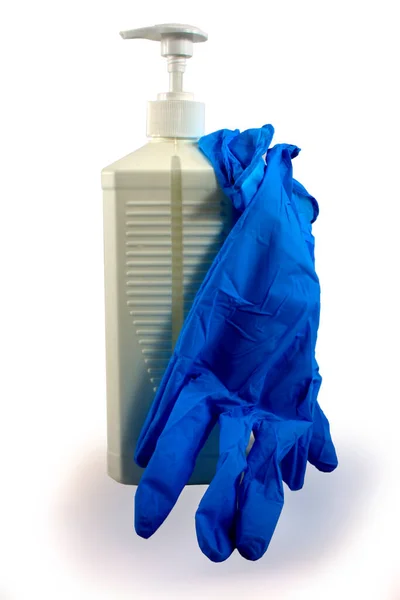 Container Disinfected Solutions Spray Bottle Rectangular Shape Latex Gloves White — Stock Photo, Image