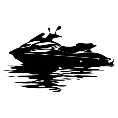 Black silhouette of a motorboat drifting on calm water with splashing waves in a serene marine environment, perfect for nautical themes and design projects.