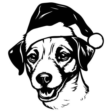 Happy Dog with Santa Hat for Holiday Celebration in Black and White Illustration