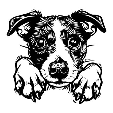 Adorable Hand-Drawn Black and White Puppy Portrait with Big Eyes and Playful Expression