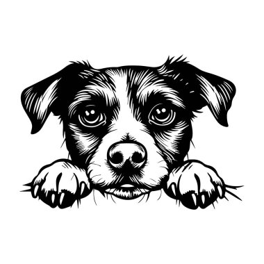 Adorable and expressive dog illustration with large eyes resting on a surface, showcasing emotion and charm in a black and white sketch style