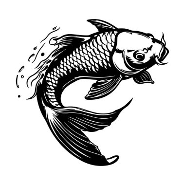 Detailed illustration of a koi fish swimming gracefully in black and white with splashes, showcasing elegant fins and intricate scales