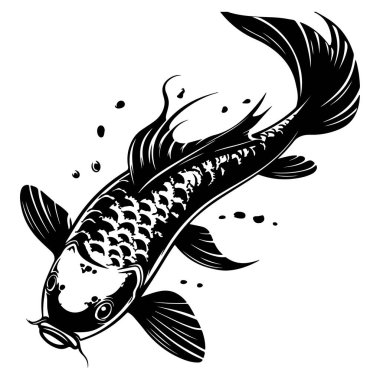 Black and White Artistic Illustration of Koi Fish Swimming Gracefully in Water with Bubbles and Flowing Fins for Creative Projects