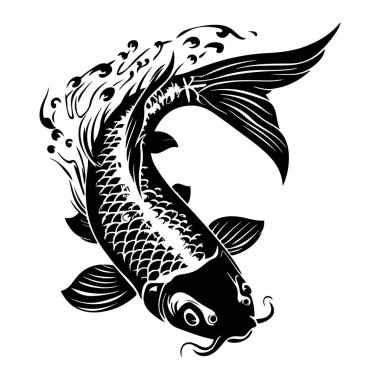 Elegant Black and White Koi Fish Illustration with Flowing Water Design for Art and Decoration