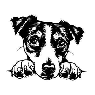 Adorable black and white illustration of a dog resting its head and looking curiously, perfect for animal lovers and pet-themed designs