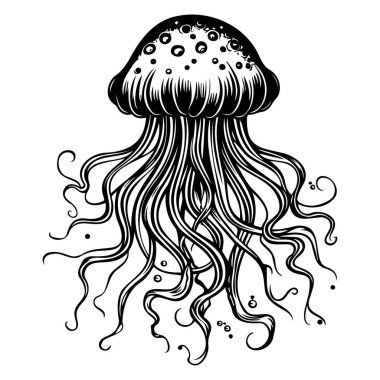 Elegant Black and White Illustration of a Jellyfish with Flowing Tentacles, Capturing the Grace of Underwater Life