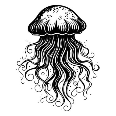Elegant and Artistic Black and White Jellyfish with Flowing Tentacles in Intricate Style
