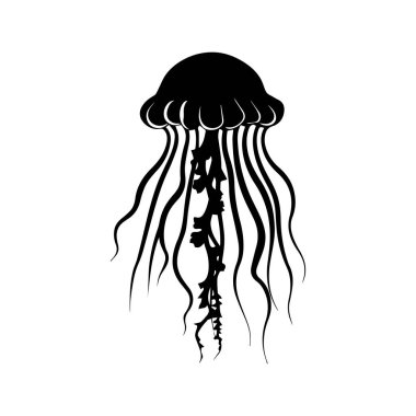 Elegant Black Silhouette of a Jellyfish with Flowing Tentacles Against a White Background for Artistic and Educational Uses