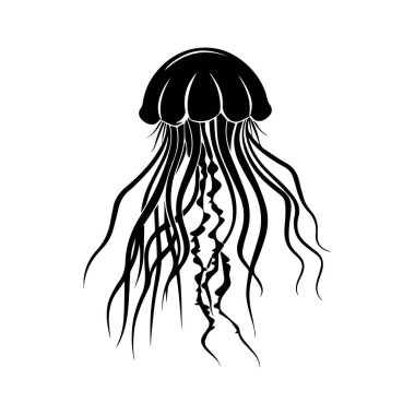 Black silhouette of a jellyfish with flowing tentacles, elegant and graceful design, perfect for marine or ocean-themed projects and illustrations