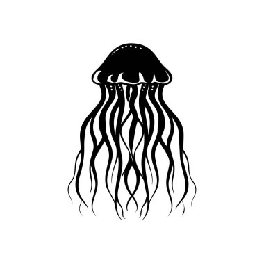 Elegant Silhouette of a Jellyfish with Flowing Tentacles in Monochrome Design for Underwater Themes and Creative Artwork