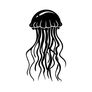 Elegant black silhouette of a jellyfish with flowing tentacles gracefully swimming in the ocean waters creating a mesmerizing underwater scene