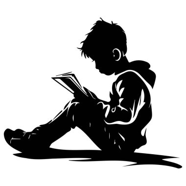 Silhouette of a Young Boy Sitting and Reading a Book in a Calm and Thoughtful Manner Captured in Black and White