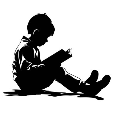 Silhouette of a Young Child Sitting on the Ground Engrossed in Reading a Book in a Calm, Peaceful Environment