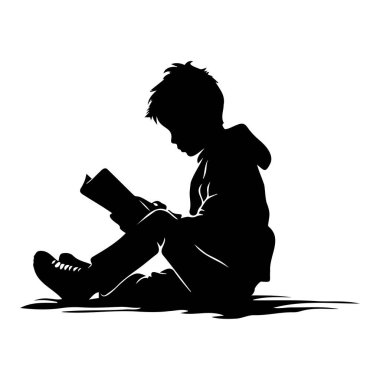 Silhouette of a Young Boy Sitting and Reading a Book in a Quiet Space, Capturing Imagination and Wonder in Simple Lines and Shapes