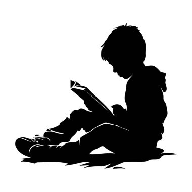 Silhouette of a Boy Sitting on the Floor Reading a Book in Minimalist Style Against a White Background