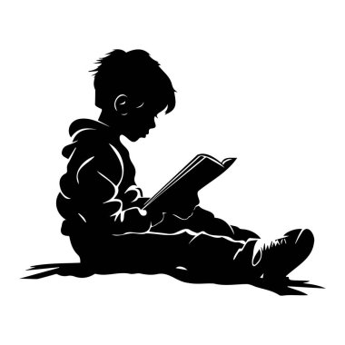 Young boy reading a book in silhouette with focus on concentration and imagination, perfect for educational and creative themes in design projects