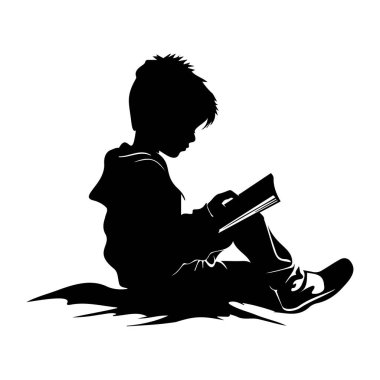 Silhouette of a Child Reading a Book While Sitting on the Ground in Profile View with Relaxed Posture and Intense Concentration