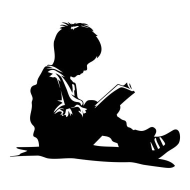 Silhouette of a Young Child Engrossed in Reading a Book While Sitting on the Ground in a Relaxed Pose