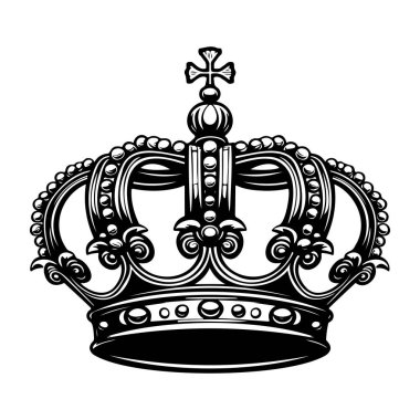 Elegant Ornate Crown Design with Detailed Embellishments in Black and White Art Style for Royalty and Luxury Themes