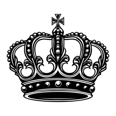 Ornate Black and White Crown Illustration with Intricate Details and Royal Elements Suitable for Design and Print Projects