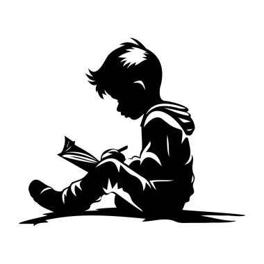 Child Sitting and Reading Book in Silhouette Style, Engaged in Personal Imagination and Learning, Focused on Literature and Discovery