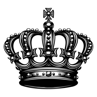 Elegant royal crown design in detailed black and white, perfect for decor, illustrations, or thematic projects, highlighting royalty and luxury