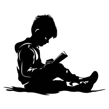 Silhouette of a Young Boy Reading a Book While Sitting on the Ground, Engrossed in His Imagination and Exploring a Story World