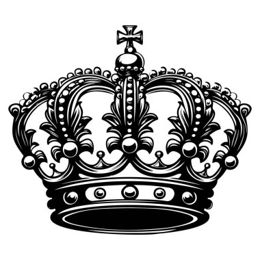 Elegant Royal Crown with Intricate Designs and Decorative Elements, Symbol of Power and Nobility, Black and White Vintage Style Illustration