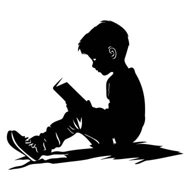 Silhouette of a Young Boy Sitting on the Ground While Reading a Book with Focused Expression in a Minimalist Style