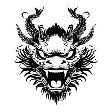 Black and White Dragon Illustration with Fierce Expression and Detailed Features for Artistic or Cultural Representation