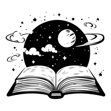 Open book with cosmic scene featuring planets, stars, and clouds, illustrating the journey of imagination and exploration in a dreamy universe
