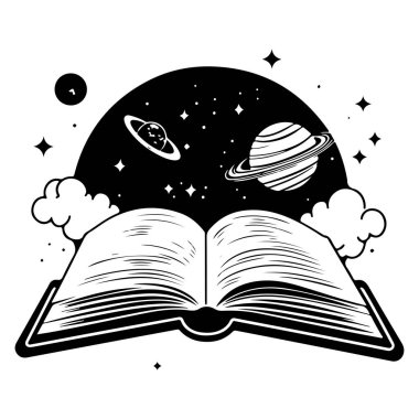 Open Book with Cosmic Elements and Planets, Fantasy Space Journey, Inspirational Reading Concept, Dreamy Sky Background with Stars