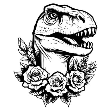 Detailed Illustration of a Dinosaur Head Surrounded by Elegant Roses in Black and White Sketch Style for Artistic Designs
